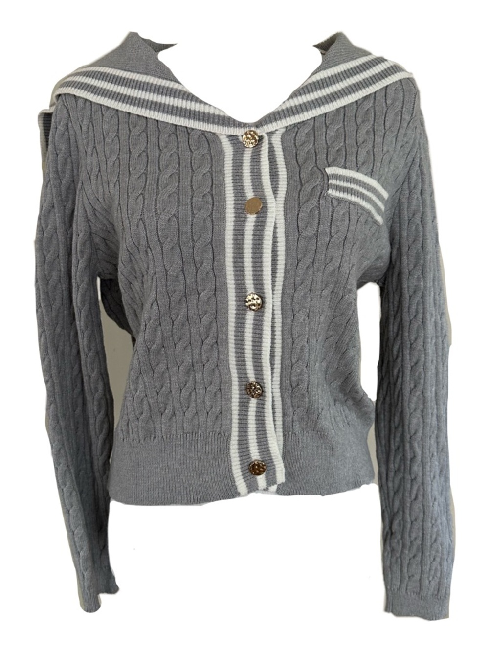 Marled Gray Cable-Knit Cardigan with Cream Trim and Sailor Collar